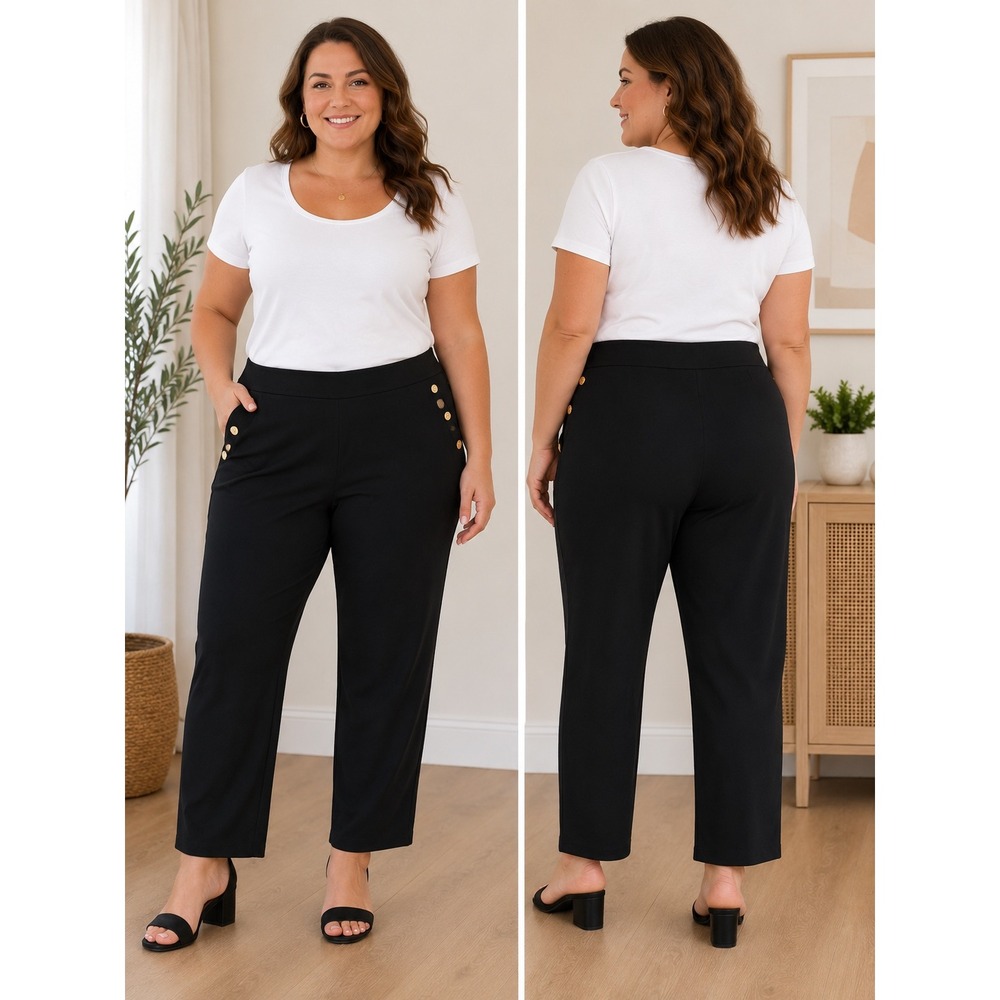 Anne Klein Black Gold Button Sailor Pull On Pants Plus Size 3X Ankle Trousers